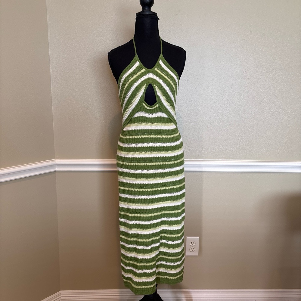 Sincerely Jules Green Striped Crochet Halter Midi Dress Size L Cutout Knit